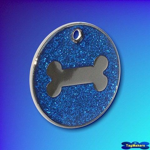 Glitter Bone Motif Pet Tag - Blue - 25mm